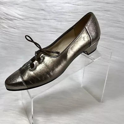 Vintage Johansen Ette Shoes Women's 10AA Pumps Gold Leather Cap Toe Lace Up • $50