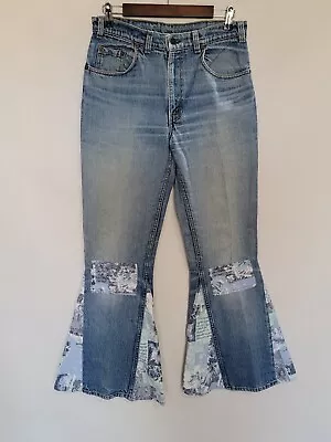 Levis 505 Denim Jeans 34 X 32 Bell Bottoms Upcycled Patches Festival Flared  • $31.96