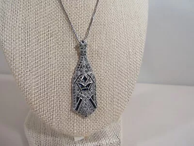 Antique Vintage Art Deco Base Metal Pendant Marcasite Blue Stones Sterling Chain • $45