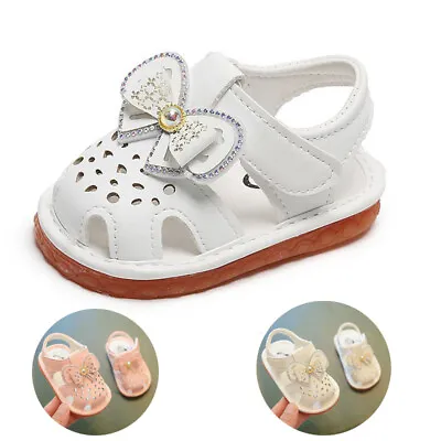 Baby Girls Bow Flat Sandals Toddlers Soft Anti-slip Pram Sliders Shoes Summer UK • £10.99