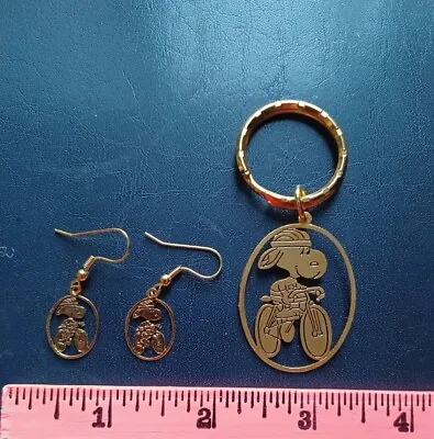 Snoopy Cyclist Gp Keychain & Earrings W- New GP French Wires : Vintage AVIVA • $7.95