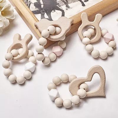 12# Wooden Rattle Beech Bear Hand Teething Ring Baby Rattles Play Stroller T XK • £6.66