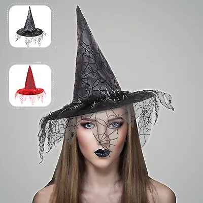Halloween Witch Hats Steeple Top Spider Web Mesh Wizard Makeup Cosplay Witch Hat • £7.02
