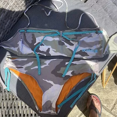 Animal Camo Camouflage Bikini Khaki  Green Orange Bandeau 14-16 • £8