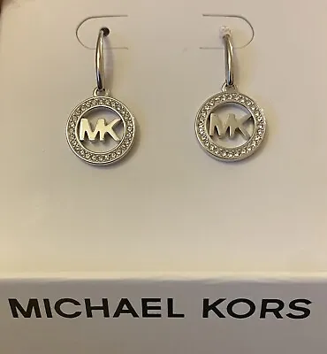 NIB Michael Kors Silver Tone Pave Crystal MK Logo Disc Hook Earrings MKJX4795040 • $69.99
