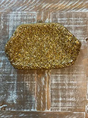 VINTAGE GMB Hand Made British Hong Kong  Gold Sequin Beaded Evening Clutch Purse • $20