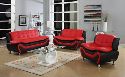 *PRICE DROP* Black Red Leather 3PC Sofa Couch Set Contemporary Modern Furniture • $1029.99