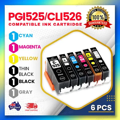 $15.50 • Buy 6x INK Cartridges PGI-525 BK CLI526 + Grey For CANON PIXMA MG6150 MG6250 PRINTER