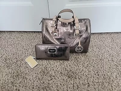 MK  Grayson Metallic Nickel Logo Satchel Handbag With NWT Matching Wallet  • $120