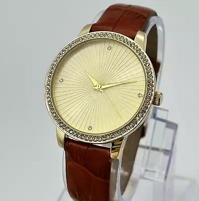 Ladies MANHATTAN By Croton Gold Tone Sunburst Dial Brown Leather Watch Crystals • $19.99