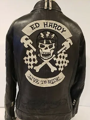 Ed Hardy Womens Biker Style Leather Jacket (xl) • $295
