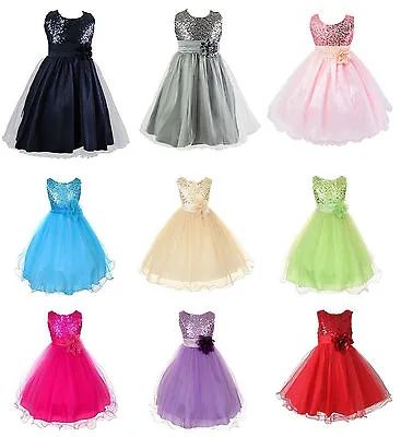 Girls Bridesmaid Dress Kids Baby Flower Party Sequins Dresses Wedding Princess • £9.99