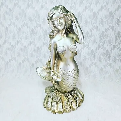 Mermaid Sculpture 11  Polyresin Silvertone Beautiful Heavy Garden Or Home Decor • $52
