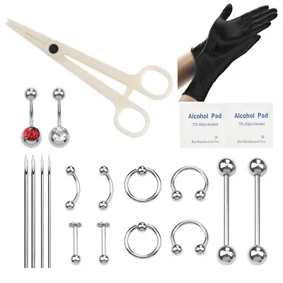 21 Pcs Professional Body Piercing Tool Kit Ear Nose Navel Nipple Needles Set • £4.85