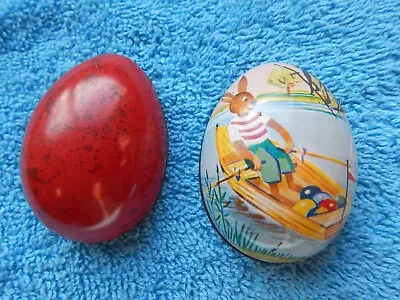 Vintage EASTER Egg Candy Container Tin Metal Litho Easter Bunny Rabbit Rowboat • $9.99