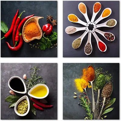 4 Pieces Colorful Spices And Spoon Vintage Canvas Prints Still Life Paintings Pi • $66.01
