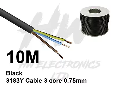 10M Black PVC Flexible Cable Flex 3 Core 0.75mm 6 Amp 3183Y Wire Mains Round • £9.99