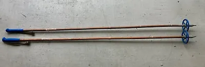 Vintage Ski Poles Bamboo Leather Wrist Wrap Plastic Handles Blue 59  Antique • $31