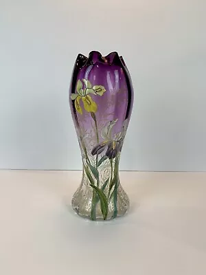 Art Nouveau Mont Joye Legras IRIS Art Glass Vase Purple To Clear French Enamel • $331.16