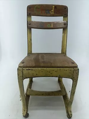 Vintage 1940s Small Childs School Chair Wood And Painted Yellow Metal 13  Seat • $56.16