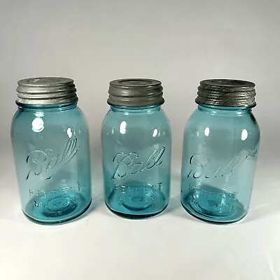 3 Vintage Early Ball Blue “Perfect Mason” Jars Slope Shoulder Quart Zinc Lid Lot • $7.60