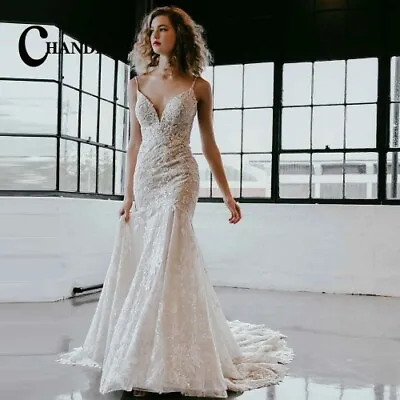  Elegant Mermaid Wedding Dresses Scoop Spaghetti Straps Appliques Bridal Gown  • $186.30