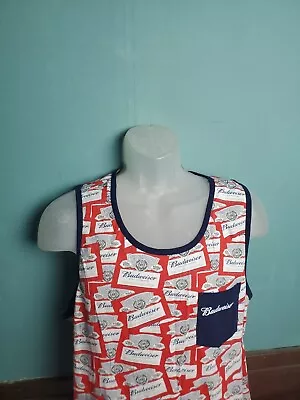 Budweiser Beer Tank Top Men's Size XL Signature Logo All Over Print Chest Pocket • $14.99