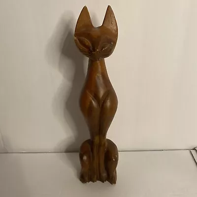 Vintage Mid Century Modern Hand Carved Teak Wood Siamese Cat Sculpture 10” • $69.99