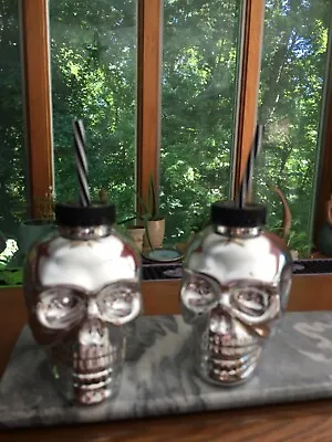 $9.99 • Buy Silver Metallic Halloween Skull Tumbler Cups W/top & Straws~plastic~lot Of 2~new