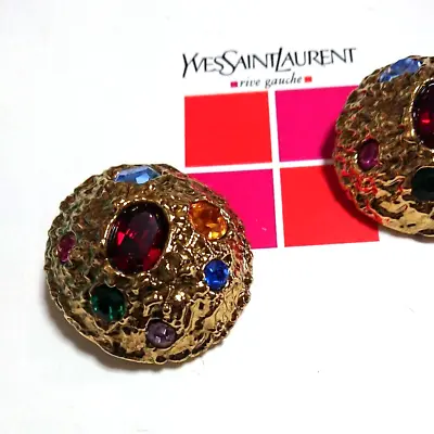 YVES Rive Gauche Round Earrings Vintage Gold Tone Color Stone F/S From Japan • £413.32