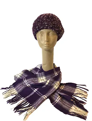 Vtg Italian Purple Boucle Wool Blend Knit Beret And Coordinating Scarf OSFM EUC • $15