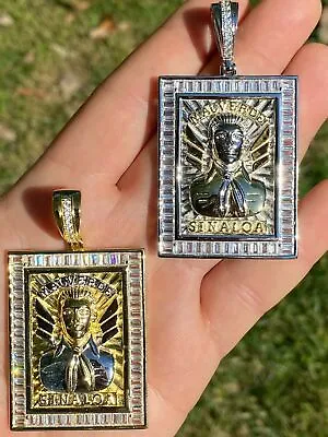 Real 925 Sterling Silver & Gold Plated Jesus Malverde Medallion Large Pendant CZ • $119.50
