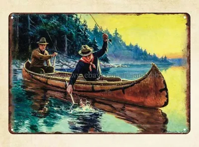 Inexpensive Home Decor Frank Stick Painting Fishing Canoe Metal Tin Sign • $18.95