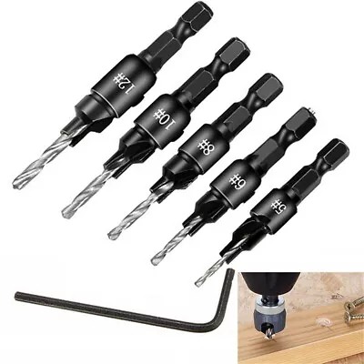 5 Adjustable Countersink Drill Bit Set Woodworking Counterbore Center Punch Tool • £4.55