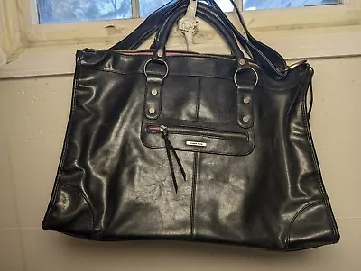 Vintage Victoria Secret Black Leather Purse Weekender Duffle Bag Tote 19x13x7” • $24.99