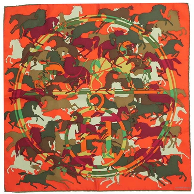 $285.68 • Buy HERMES Carre 45 Scarf Silk Orange Green Multicolor Ex Libris En