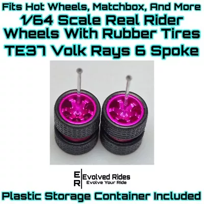 TE37 Volk Rays 6 Spoke 1/64 Scale Real Rider Wheels Rubber Tires Purple Chrome • $3.99