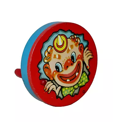 T Cohn Inc ~ Clown Tin Litho Round Slotted Noise Maker Red Wood Handle ~ 1 • $10.46