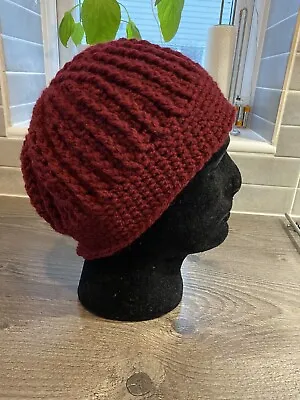 New Handmade Men's Red Crochet Beanie Hat Ribbed Ski Chunky Acrylic Large Aran • £14.99