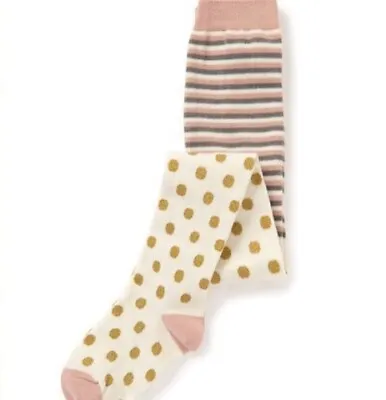 MATILDA JANE Girls Ruthi Tights Polka Dot Stripes Pink Gold Size XS 2 NWOT • $14.99
