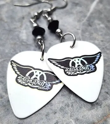 Aerosmith White Guitar Pick Earrings With Black Swarovski Crystals • $7