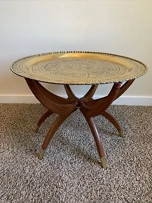 Vintage Coffee Table Round Brass Tray Wood Spider Leg Mid Century Hong Kong NICE • $324.95