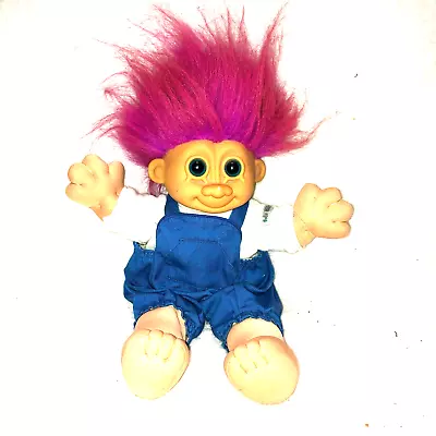 VINTAGE 90s TROLL DOLL RUSS TAG SOFT BODY PINK HAIR OVERALLS FARMER COUNTRY BOY • $12.64