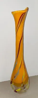 Murano Style Hand Blown Orange Yellow Red Splatter Clear Art Glass Stretch Vase • $30