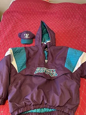 Vtg 90s Anaheim Mighty Ducks Pullover Jacket Adult S/Youth XL Starter NHL Hockey • $125