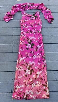 Vintage 1960s Floor Length Pink Floral Formal Dress With Scarf Size XS Hippy Mod • $80