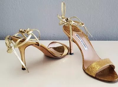 Manolo Blahnik 38.5 Tan Gold Brocade Leather Lace Up Heels Strappy Sandals 8.5  • $76