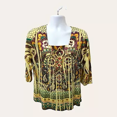 Susan Lawrence Woman Square Neck Aztec Pattern Yellow Sequins Size 1X Hippie USA • $24