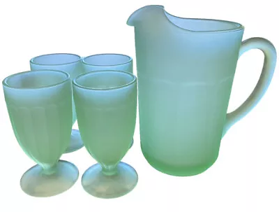 Vintage Jade Green Fogged Glass Pitcher & Goblet Lot Of 5 MINTY Rare • $39