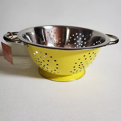 Portofino Colander Strainer Yellow Enamel Silver Tone Metal Farmhouse 9.25  Deep • $21